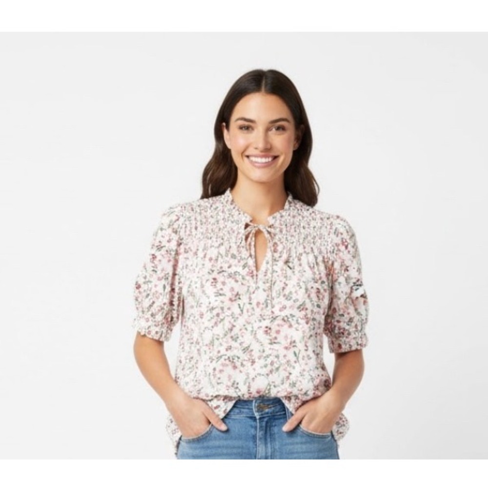 MELLODAY Floral Smocked Neck Peasant Puff Sleeve Top Plus Size 1X White Pink Grn